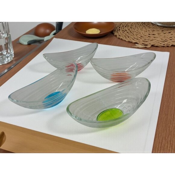 vintage 2pc. salad/desert bowl set boat shaped clear ribbed glass with green and - Picture 3 of 8